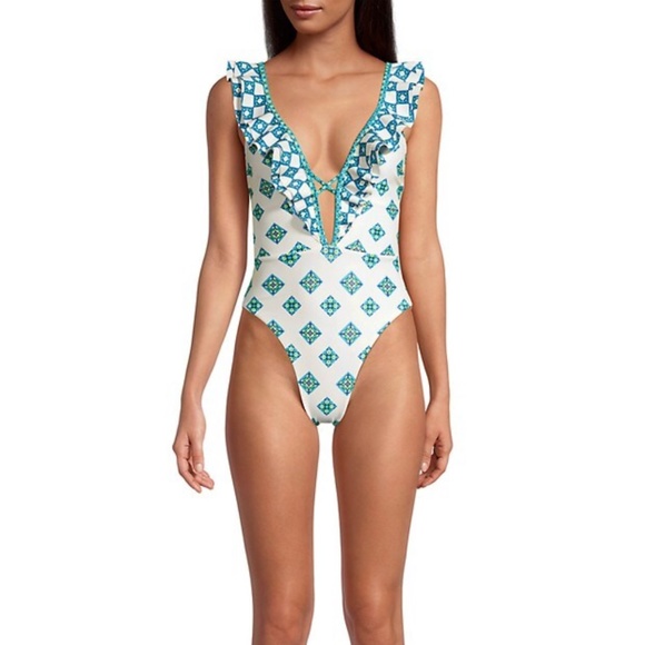 Ramy Brook Other - Ramy Brook Printed Alize Ruffle One-Piece Swimsuit in White Combo L NWT